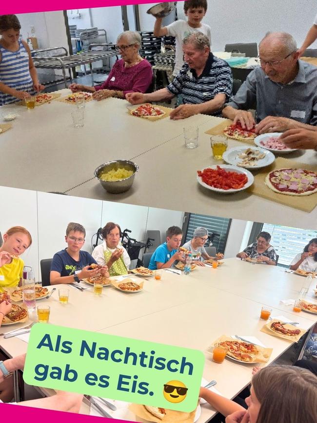 Das Bild zeigt Bewohner und Kinder beim Backen von Pizza