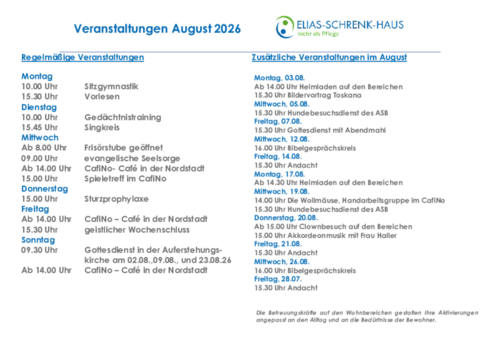 Der Monatsplan August 2026 für das Elias-Schrenk-Haus als Download